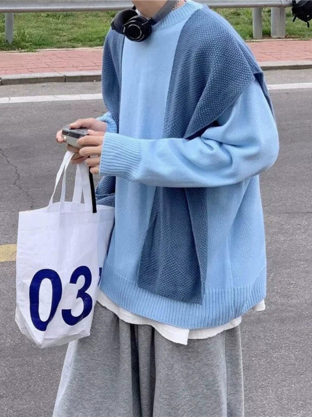 Lazy Milk Blue Shawl Men's Classy Fake Two-Piece