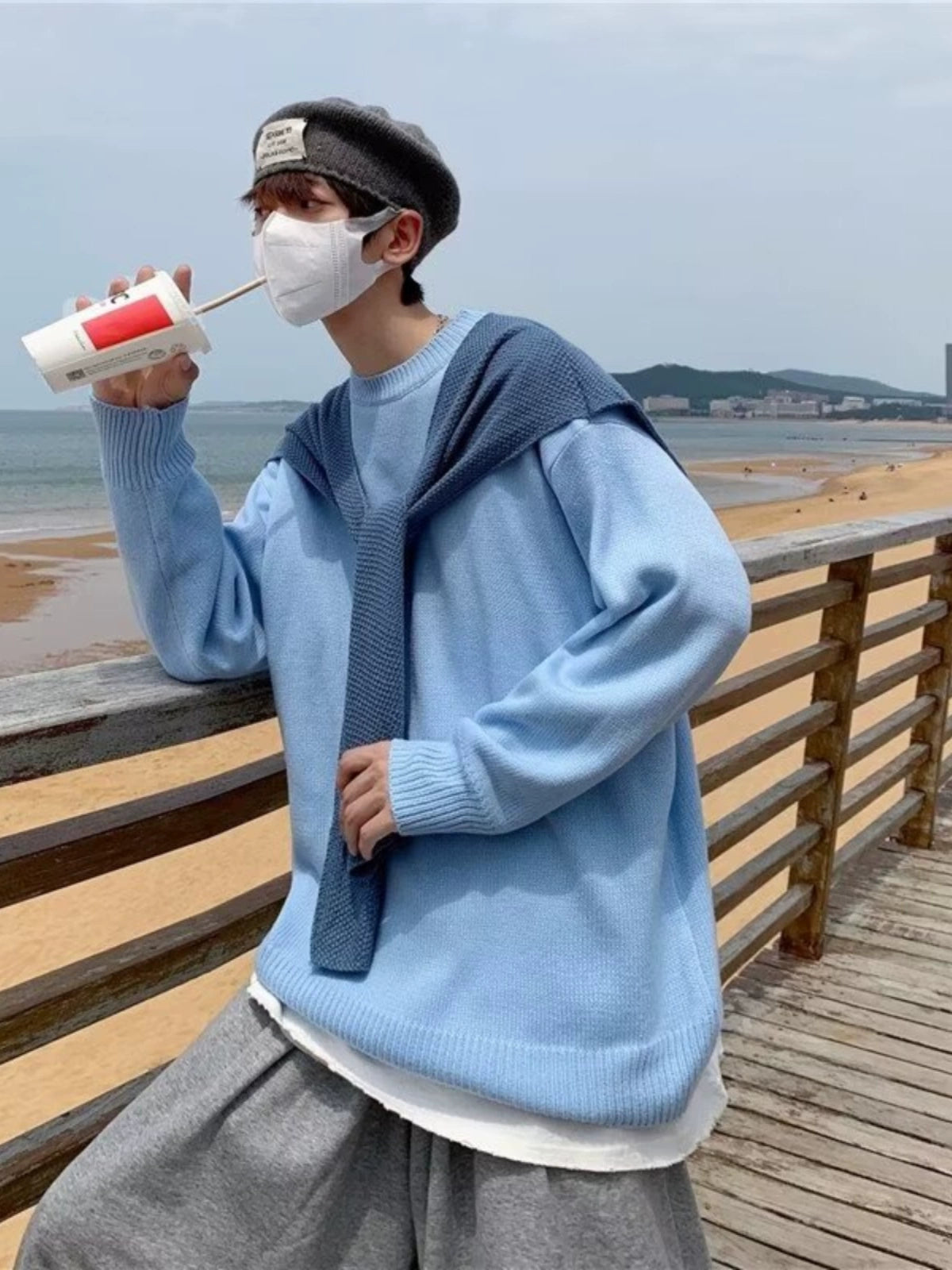 Lazy Milk Blue Shawl Men's Classy Fake Two-Piece