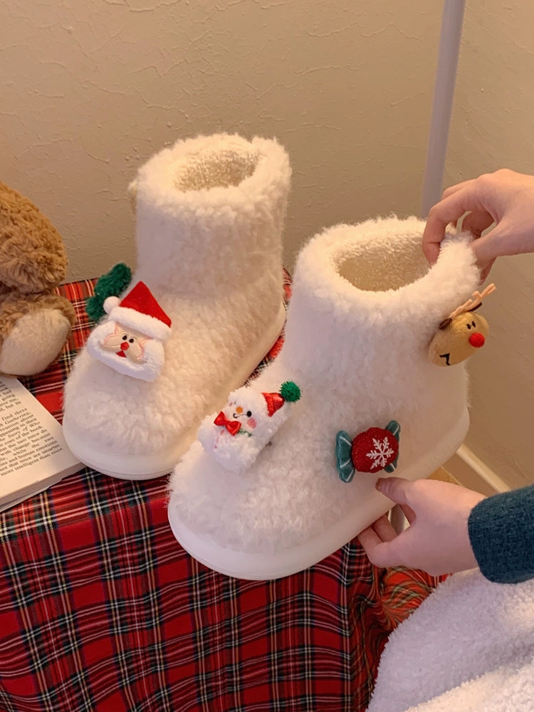 Thin Stripe 2023 Winter New Santa Claus Lamb Wool Cotton-padded Shoes Ins Atmosphere Girl Outer Wear Snow Boots