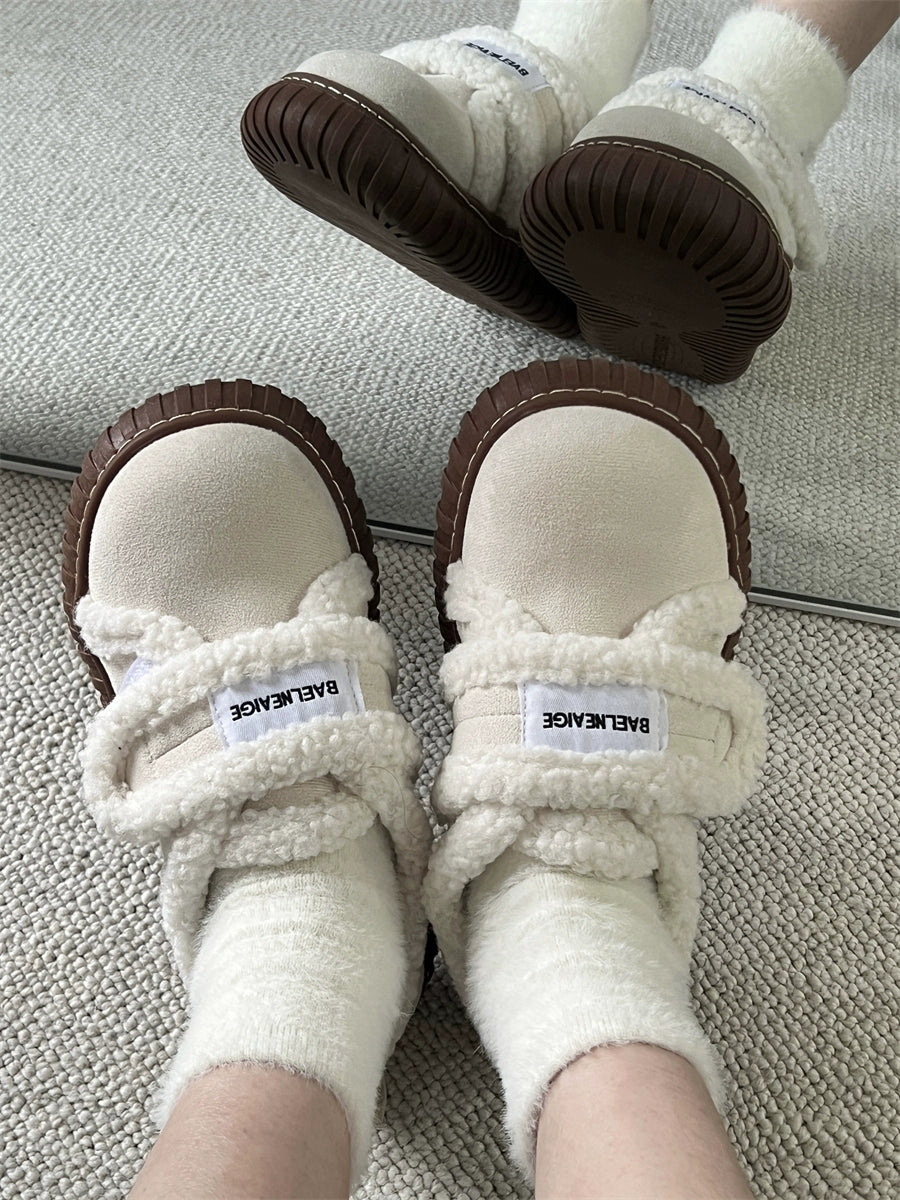 Small Yellow Peach Niche Lamb Wool Cotton-Padded Shoes with Velvet Female 2023 Autumn and Winter New Outdoor Non Slip Velcro Bread Shoes