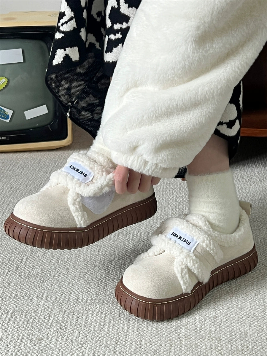 Small Yellow Peach Niche Lamb Wool Cotton-Padded Shoes with Velvet Female 2023 Autumn and Winter New Outdoor Non Slip Velcro Bread Shoes