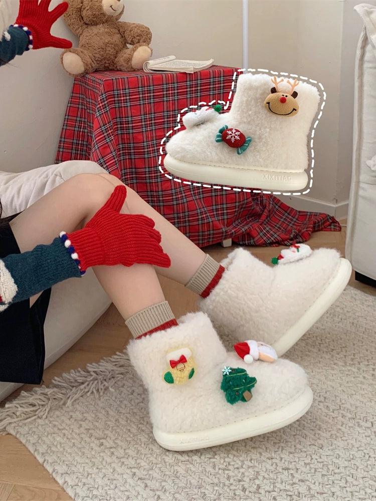 Thin Stripe 2023 Winter New Santa Claus Lamb Wool Cotton-padded Shoes Ins Atmosphere Girl Outer Wear Snow Boots